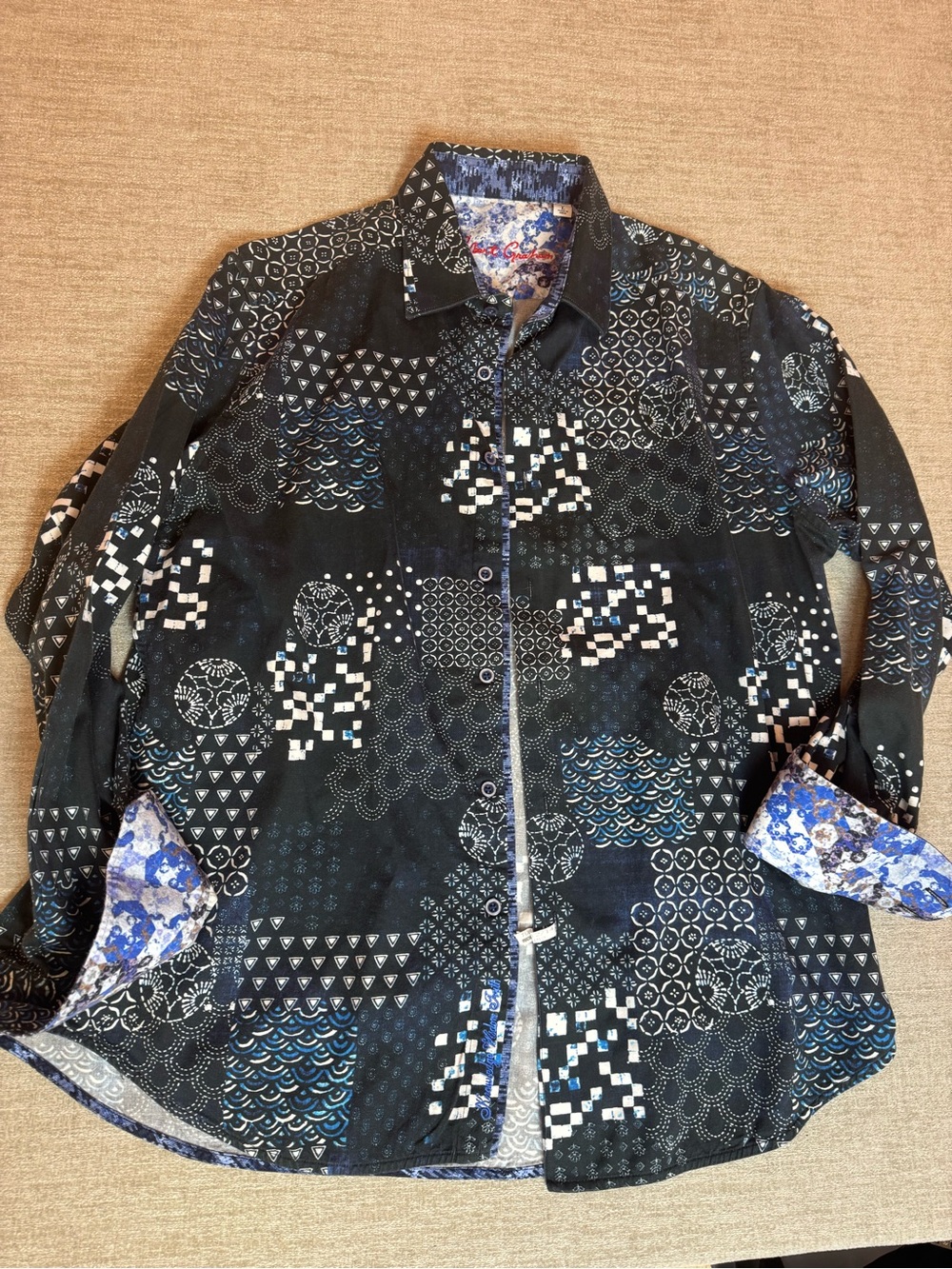 Robert Graham Yardman Party Black Patterned Shirt with Blue Accents